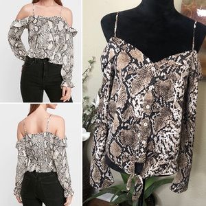 Molly Green Snakeskin Button Cold Shoulder Top